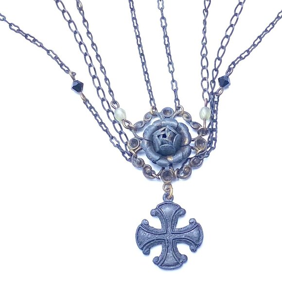 90s Erickson Beamon 4-Strand Crystal Necklace — Rose Pendant w/Cross Detail —EUC - Picture 7 of 7